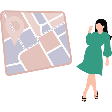 Girl is looking at the location pin on map  Illustration
