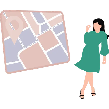 The Girl Is Looking At The Location Pin On Map Illustration
