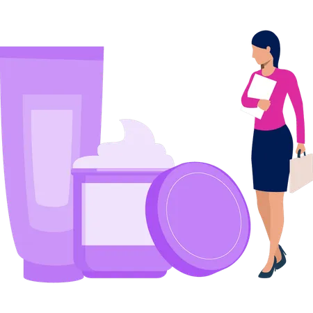 Girl is looking at the lotion cream  Illustration