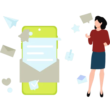 Girl is looking at the mail notification on mobile  Illustration
