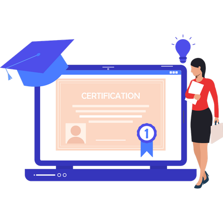 Girl is looking at the online certificate  イラスト