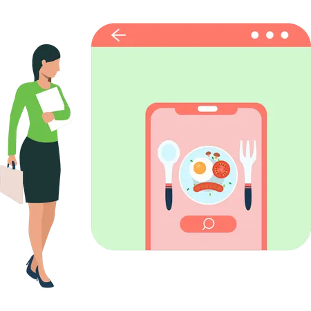 Girl is looking at the online food for order  Illustration
