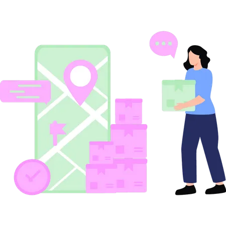 Girl is looking at the parcel delivery point  Illustration