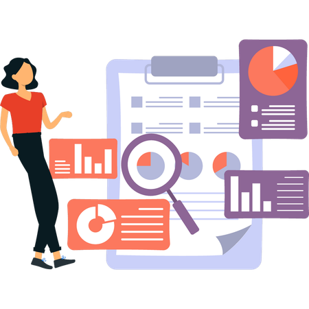 Girl is looking at the pie charts on the graph  Illustration