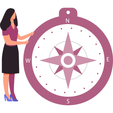 Girl is looking at the points on compass  イラスト