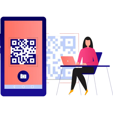 Girl is looking at the QR code  イラスト