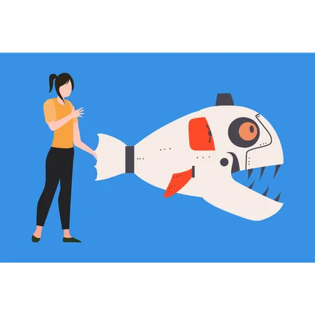 The Girl Is Looking At The Robotic Fish Illustration