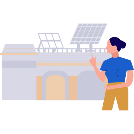 Girl is looking at the solar panel on the roof  Illustration