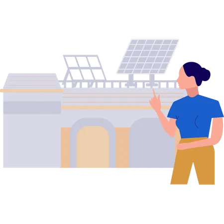 The Girl Is Looking At The Solar Panel On The Roof Illustration