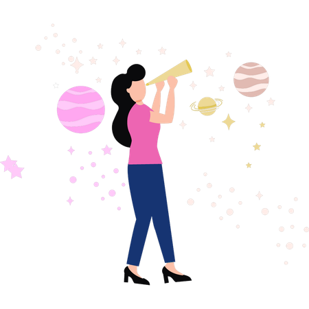Girl is looking at the stars through a spyglass  Illustration