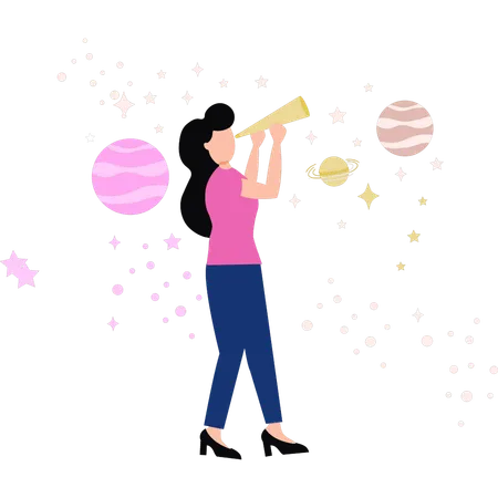 The Girl Is Looking At The Stars Through A Spyglass Illustration