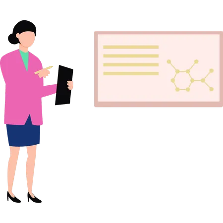 Girl is looking at the structure of an atomic molecule  イラスト