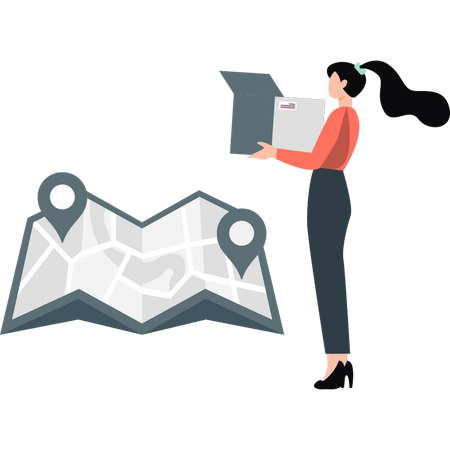 Girl is looking for the location to deliver the parcel on the map  Illustration