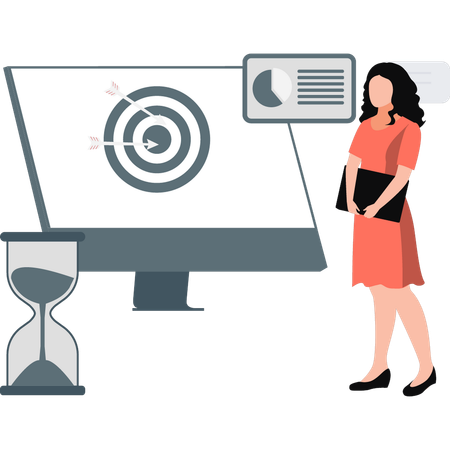 Girl is looking target goal in monitor  Illustration