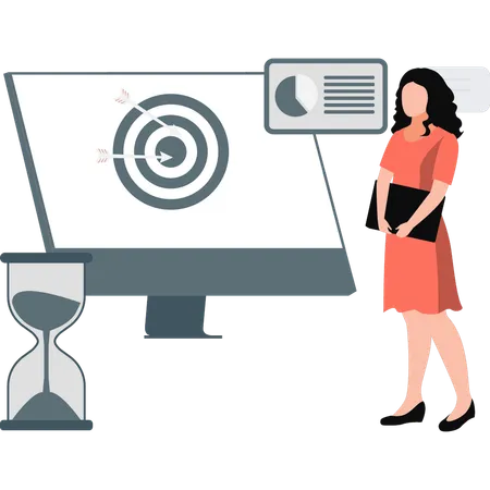 Girl is looking target goal in monitor  Illustration