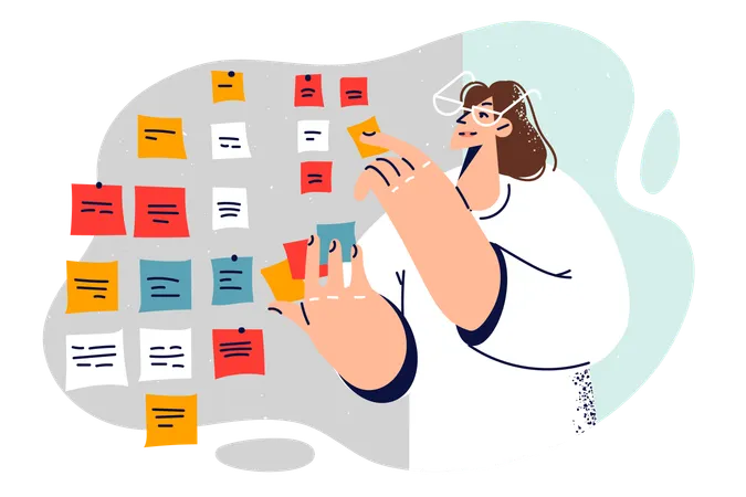 Business Woman Doing Task Setting With Kanban And Scrum System And Sticking Paper Stickers On Wall Girl Team Leader Distributes Tasks For Programmers And Developers Working On Project Illustration