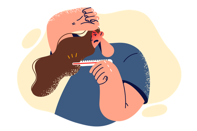 Girl is measuring her body temperature  Illustration