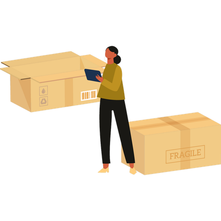 Girl is mentioning fragile boxes  Illustration