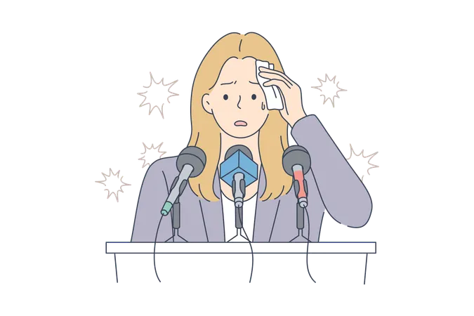Mental Stress Speech Psychology Business Conference Concept Young Stressful Worried Businesswoman Cartoon Character Standing On Tribune Suffering From Fear Of Public Speaking Or Panic Attack Illustration