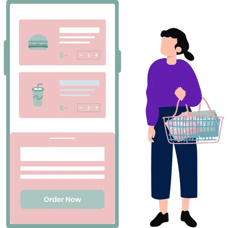 Girl Is Ordering Food Online Illustration