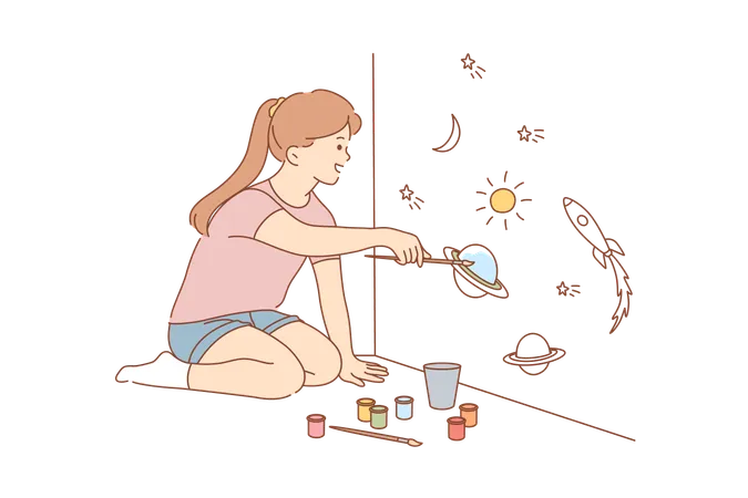 Girl is painting astronomical objects  イラスト