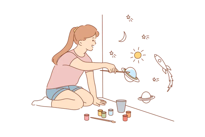 Girl is painting astronomical objects  Illustration