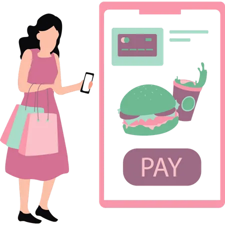 Girl Is Paying For Food Online Illustration