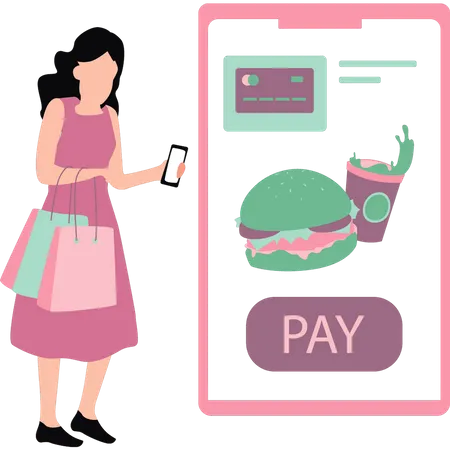 Girl is paying for food online  Illustration