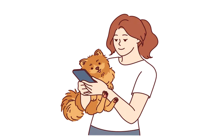 Woman Has Small Dog And Phone In Hands And Is Looking On Internet For Hotel Or Cafe To Relax With Pet Caring Girl With Dog Calls Veterinarian To Make Appointment For Vaccinations Illustration