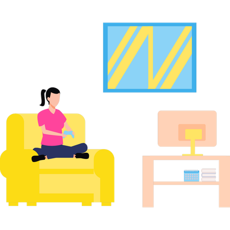Girl is playing a video game at home  일러스트레이션