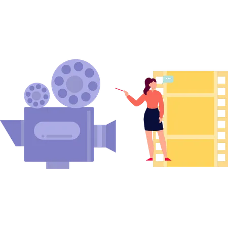 The Girl Is Pointing At The Cinema Camera Illustration