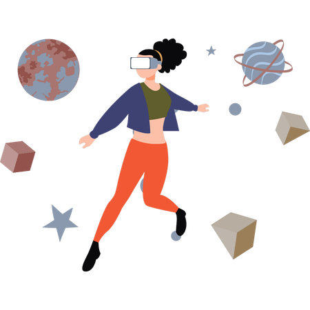 Girl is playing virtual astronomy game wearing VR  イラスト