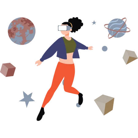 Girl Is Playing Virtual Astronomy Game Wearing VR イラスト