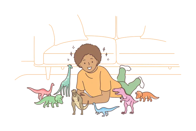 Play Fun Leisure Education Concept Young Happy Smiling African American Child Kid Boy Playing With Colorful Toy Dinosaurs Learning Evolution Fossils Or Reptiles And Paleontology Game Illustration イラスト