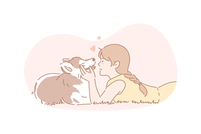 Owner Dog Pet Care Concept Young Girl Cares About Her Dog Happy Child Is Hugging Domestic Pet True Friendship Between Human And Animal Owner And Pet Is Devoted To Each Other Simple Flat Vector Illustration