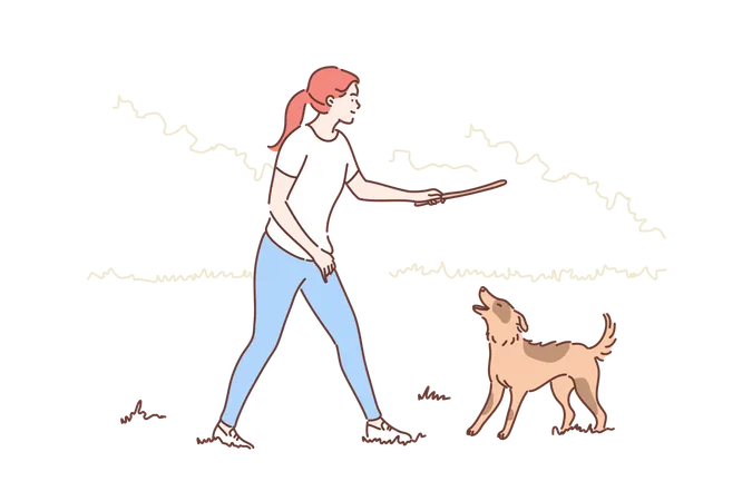 Fun Recreation Playing Friendship Concept Young Smiling Woman Girl Cartoon Character Walking With Happy Dog Friend On Summer Countryside Throwing Stick Leisure Time Activity Pet Love Illustration Illustration