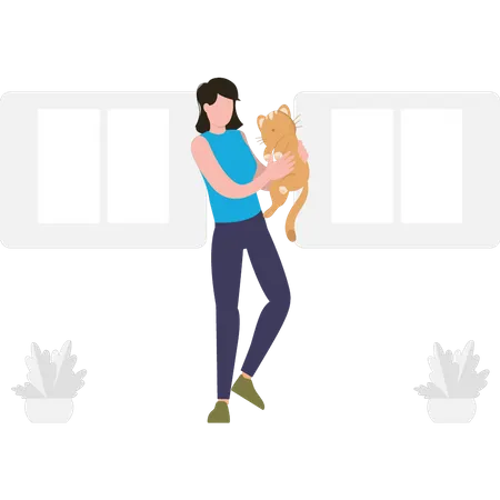 Girl is playing with her pet cat. Illustration