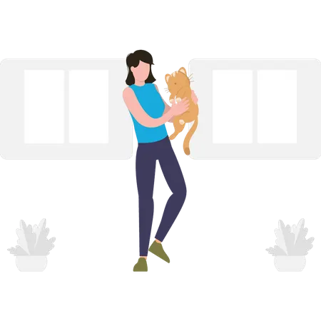 Girl is playing with her pet cat.  Illustration