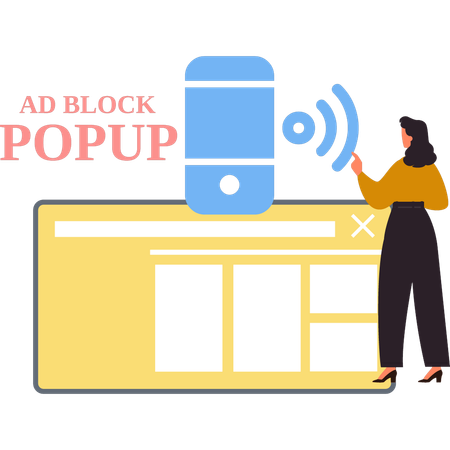 Girl is pointing at ad block popup.  イラスト