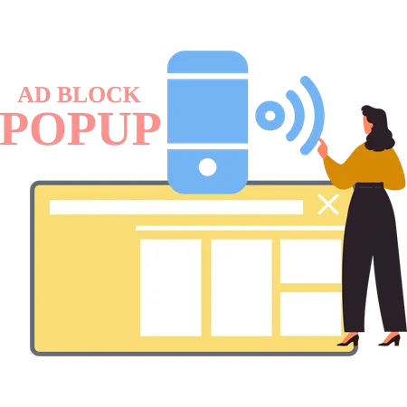 Girl is pointing at ad block popup.  Illustration