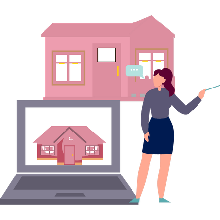 Girl is pointing at home on laptop  Illustration