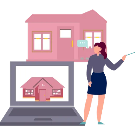 Girl Pointing At Home On Laptop Illustration