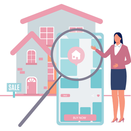 Girl is pointing at home online  Illustration