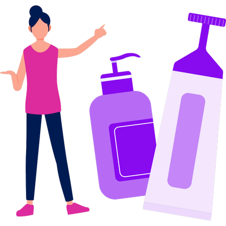 Girl is pointing at skincare bottle  Illustration