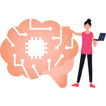 Girl is pointing at the artificial brain  Illustration