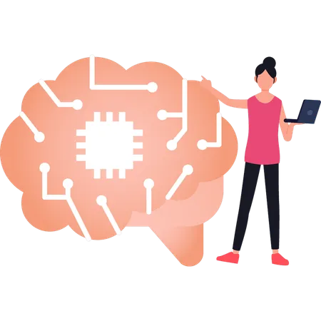 The Girl Is Pointing At The Artificial Brain Illustration