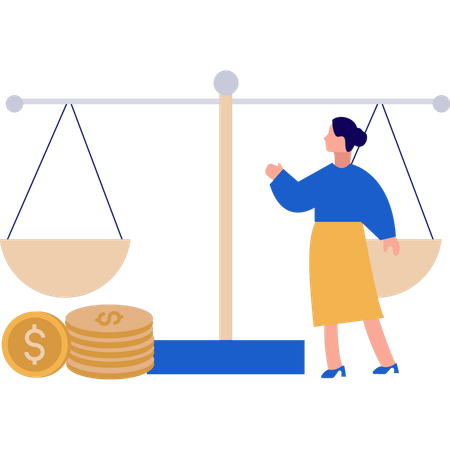 Girl is pointing at the business balance scale  Illustration