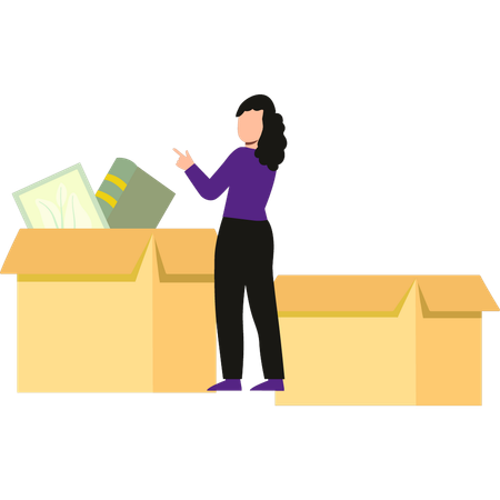 Girl is pointing at the cardboard boxes of books  Illustration