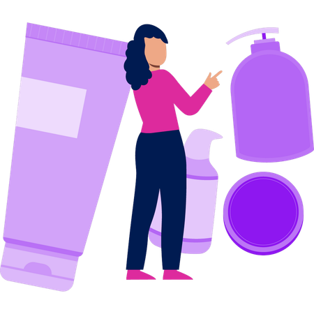 Girl is pointing at the cream products  Illustration