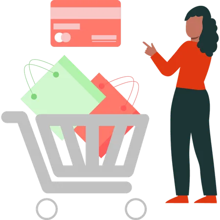 Girl is pointing at the credit card for online shopping  Illustration